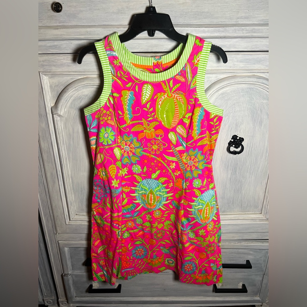 Gretchen Scott Button Back Dress Bright Pink Hummingbird Heaven Floral Preppy - Picture 5 of 11